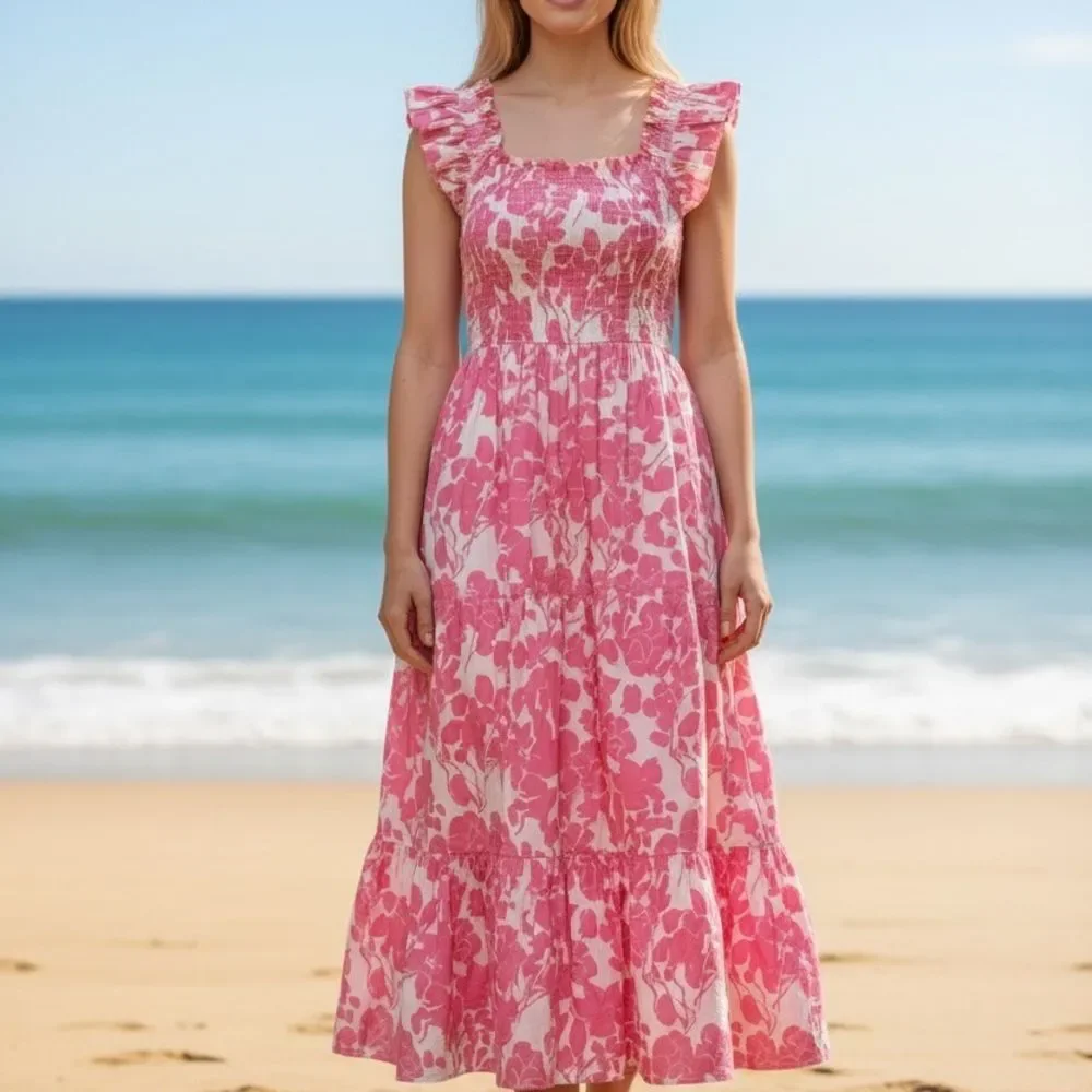English Factory Pink Floral Backless Midi Dress Size M Resort Cottagecore - Picture 2 of 10